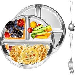 Ceeyoll Stainless Steel Children's Plate, 23 cm Divided Plate Set, Reusable Portion Plates for Children and Adults, Bring a Fork and a Round Spoon, Camping Esstray.
