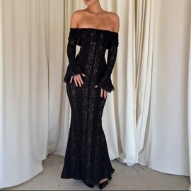 Off-shoulder Collar Dress Off-the-shoulder Flared Sleeves Fabric Formal - Color: Black, Size: L