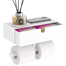 Tindbea Toilet Paper Holder with Storage - Stainless Steel Wall Mounted Toilet Paper Holder with Shelf, Flushable Wipes Holer Dispenser, Tampon Storage for Bathroom, Double Tissue Roll Holder, White