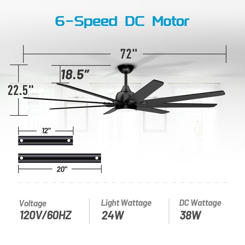 wurzee 72 inch Ceiling Fans, 3CCT LED Reversible DC Motor,