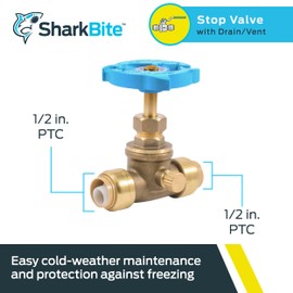 SharkBite 1/2 Inch Stop Valve with Drain and Vent, Push to Connect Brass Plumbing Fitting, PEX Pipe, Copper, CPVC, PE-RT, HDPE, 24634LF