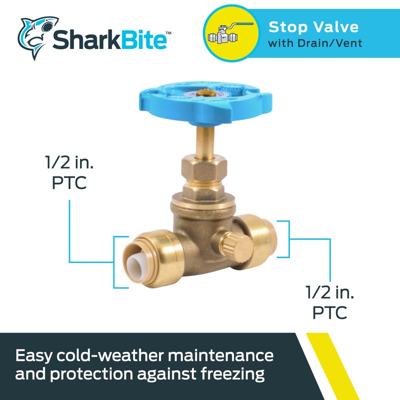 SharkBite 1/2 Inch Stop Valve with Drain and Vent, Push
