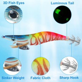 OROOTL Squid Jigs Saltwater Fishing Lures, 5pcs Luminous Squid Jig Hook Lures Kit Glow in The Dark Cuttlefish Sleeve Jig Hooks Fluorescent Shrimp Lures Set for Octopus Fishing