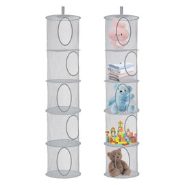 Hanging Mesh Storage Basket, 2 PCS Foldable Soft Toy Storage, 5 Tier Hanging Toy Storage Net, Teddy Storage Hanging Mesh, Polyester Hanging Mesh Storage Basket for Soft Toys Clothes Sundries(Grey)
