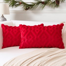 Artscope Pack of 2 Soft Plush Short Wool Velvet Decorative Cushion Covers Luxury Style Throw Pillow Covers Christmas Pillow Shell for Sofa Bedroom Diamond Shape Red, 30x50cm