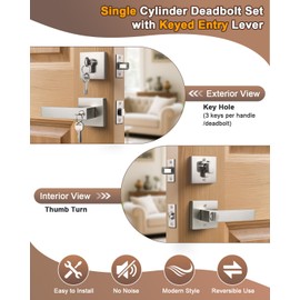 KNOBWELL 3 Pack Keyed Alike Nickel Front Door Handle and Deadbolt Set, Single Sided Keyed Entry Lever Door Handle with Lock and Key(Keyed Alike)