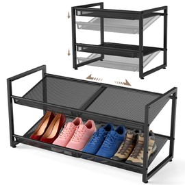 Expandable Shoe Rack, 2 Tier Adjustable Shoe Organizer with Flat & Slant Dual Use Design, Space Saving Shoes Stand for Closet & Entryway, Sturdy Dense Metal Grid Shoe Holder for High Heels, Sneakers