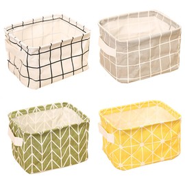 ZhengYue Storage Baskets Foldable Mini Square Natural Linen & Cotton Fabric Storage Bins Simple Desk Shelf Baskets Organizers - Set of 4 Organizer Storage Bags