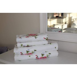 SHL White/Pink Rose Floral Printed 100% Cotton Towel 400 Gsm (Bath Towel)
