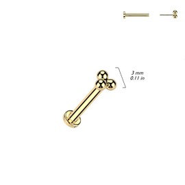 Pierced Owl 16-20GA Gold PVD ASTM F-136 Implant Grade Titanium Threadless Push-In Triple Ball Cluster Flat Back Stud (16GA / 8mm Barbell Length)