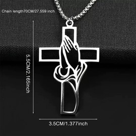 DecoTxM Stainless Steel Praying Hands Cross Necklace for Men Women, Serenity Prayer Pendant 27" Box Chain Christian Jewelry