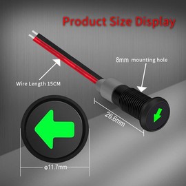 RUNCCI-YUN 12 V/24 V Round Metal Waterproof Signal Light LED Indicator Light, 8 mm Plate Mounting, DC LED Indicator Light, Dash Warning Light, Indicator Light with 26 AWG 150 mm, Green (Single Arrow)