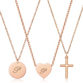 W/W Lifetime Initial Pendent Necklace A-Z Letters Alphabet Necklace Sets 18K Rose Gold Stainless Steel Charm Chain Necklace Gift Jewelry for Girls and Women(Rose Gold, Letter P)