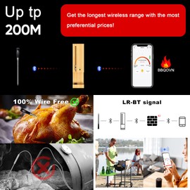 200M Truly Wireless Meat Thermometer with Bluetooth for BBQ, Oven, Air Fryer, Grill, Smoker, Rotisserie, ±1℃ Accurate,2S Instant Read, Smart APP Control, Dishwasher Safe