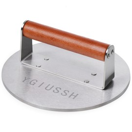 ygiussh 8.7 Inch Heavy-Duty Grill Press with Beech Wood Handle Stainless Steel Bacon Press Round Non-Stick Hamburger Press Weight Burger Smasher for Perfectly Seared Bacon Steak & Sandwiches (Wood)