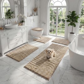 Homcomoda Bath Mats Sets 5 Piece, Boho Bathroom Rugs Absorbent Non Slip, Ultra Soft Bathroom Mat, Machine Washable Bath Rug Set with Toilet Cover, Bath Runner and U-Shaped Contour Toilet Rug, Beige