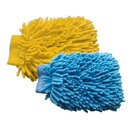 JOYCOURT 2PCS Microfiber Soft Chenille Car Wash Mitts, Scratch and Lint Free Car Dusting Glove, Double Sided Wash Mitt, Ultra Absorbent for Car Washing, Home Cleaning Mitt (Blue&Yellow)