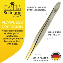 Camila Solingen CS32 3 1/2" Gold Tipped, Surgical Grade, German Stainless Steel Tweezers (Pointed) - Flawless Eyebrow and Facial Hair Shaping and Removal for Men/Women
