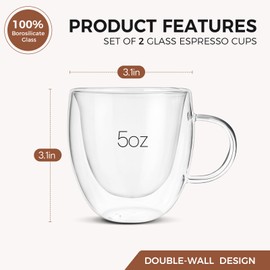 HFIOUDEI Glass Espresso Cups, 5oz Double Wall Insulated Coffee Shot Glasses Milk Cups With Handle Suitable for Espresso Machine,Cappuccino,Latte,Tea (Set of 2)