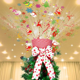 Shappy Christmas Tree Topper Hat Christmas Tree Topper Lighted, Red Pink Bow Extended Ribbon Top Hat with Colorful Christmas Theme Projector for Winter Holiday Xmas Tree Decor