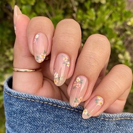 SINHOT Almond Press on Nails Medium - Daisy Flower & Nude Natural Stiletto Nail Art, DIY Fake Nails with Glossy Glue on Nails, 24Pcs