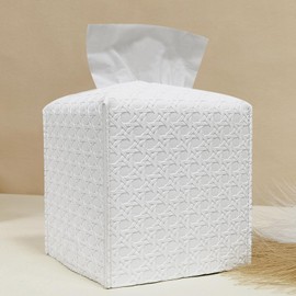 HOMOTEK 1 Pack Tissue Box Cover, Square PU Leather Tissue Holder, Decorative Facial Tissue Cube Paper Organizer Dispenser for Bathroom, Night Stands, Desk, Car 5X5X5'' - Rattan Weave, Pure White
