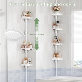 shuang qing 4-Tier Corner Shower Caddy Tension Pole Organizer - Adjustable Rustproof Metal Tension Pole, Plastic Shelves with Safety Guardrail, Bathroom Storage for Shower & Bathtub(White)