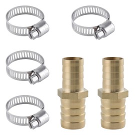 LEONTOOL 2 Pack Hose Barb Fittings Reducer, 5/8" to 3/4" Brass Hose Barb Reducer with 4 Hose Clamps, Reducing Barb Brabed Fitting Splicer Mender Union, Brass Hose Barb Adapter for Fuel Water Air