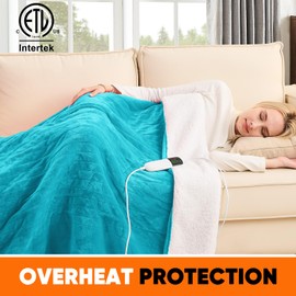 greenoak Heated Blanket Electric Throw 50"X60", Heating Blanket with 10 Heat Levels 1/2/4/6/11 Hours Auto-Off Overheat Protection, Flannel Sherpa Soft Warm Heater, ETL Certified Lake Blue
