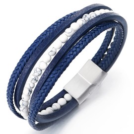 COOLSTEELANDBEYOND Multi-Strand White Gem Stone Bead Chain Blue Braided Leather Bracelet Wristband Steel Magnetic Clasp