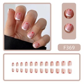 White French Tips Press on Nails Short Square Fake Nails with Design Red Heart Glue On Nails Glossy Reusable Acrylic Nail Artificial Valentines False Nail for Women Manicure 24pcs