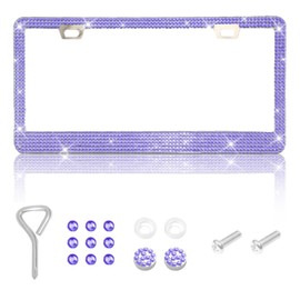 LevChall 1 Pack Bling License Plate Frames, Bedazzled Sparkly Cute Water Diamond Stainless Steel，Car Accessories with Diamond Sparkle Glitter Caps，Suitable for Both Men and Women（Purple）