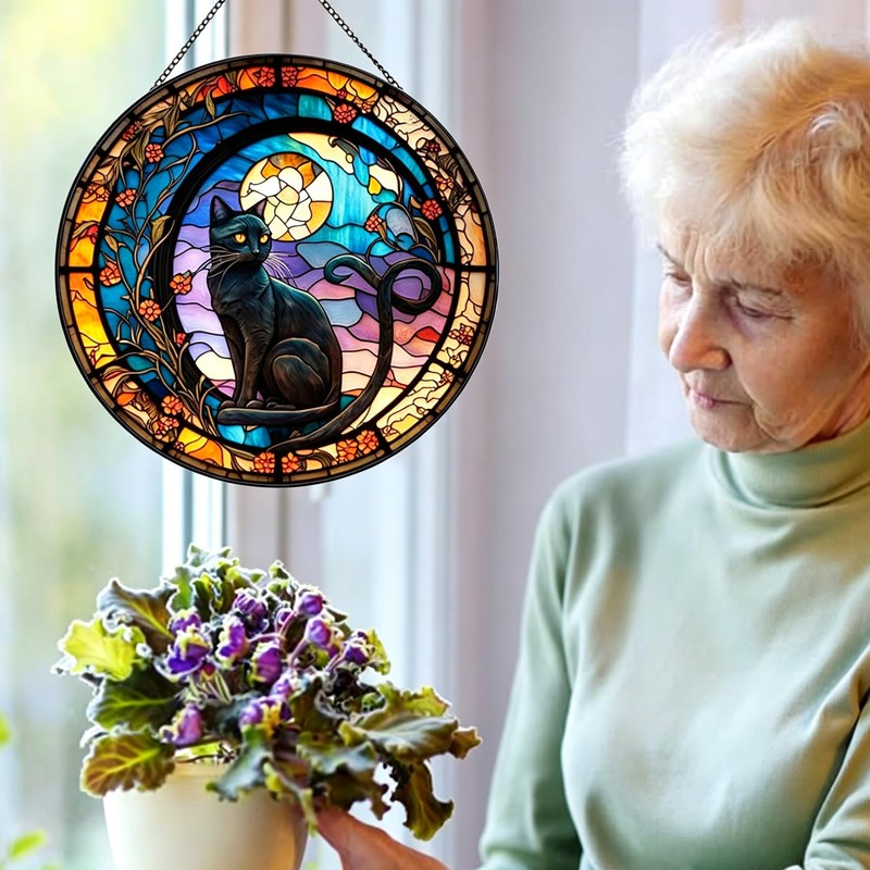 Payutou Black Cat Stained Glass Panels,Stained Glass for Windows for