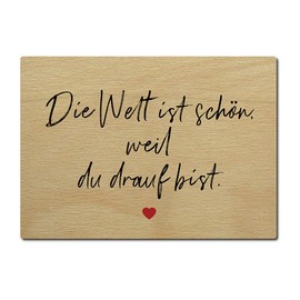 Interluxe Wooden Postcard Die Welt ist schön weil du drauf bist DIN A6 105 x 148 mm Real Wood Saying Love Declaration