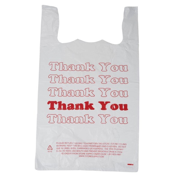 Large Plastic Thank You Bags (T-Shirt Bags) 18" x 8" x 30" - Case of 500 - Thickness .48mil HDPE- Perfect for Restaurants, Retail, Grocery, and Takeout