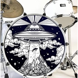 22" Drumhead Decal Cover Alien Abduction UFO Removable Fabric Vinyl Bass Drum Sticker Graphic - 22" Tall x 22" Wide