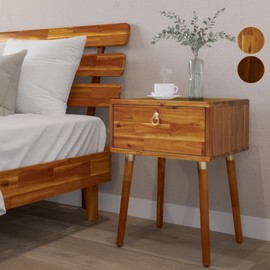 Bme Caden Solid Wood Nightstand/Side Table/End Table, Fully Assembled, with 1-Drawer for Mid Century Bedroom and Living Room, Grand Deluxe (18mm), Caramel