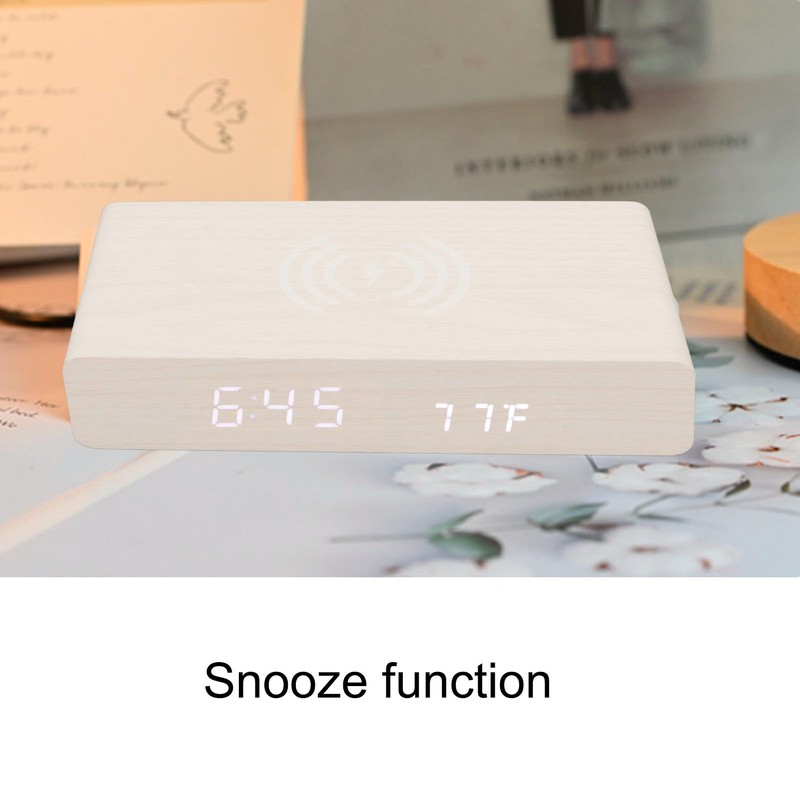 Wooden Digital Clock Wireless Charging Function 3 Brightness Electric Alarm