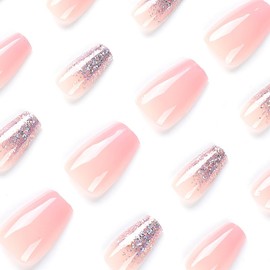 24Pcs CEWEWP Press on Nails Medium Length Pink Gradient Square Nails with Glitter Sequin fake Nails Design Full Cover Stick on Nails Glossy Artificial False Nails with Glue on Nails for Women