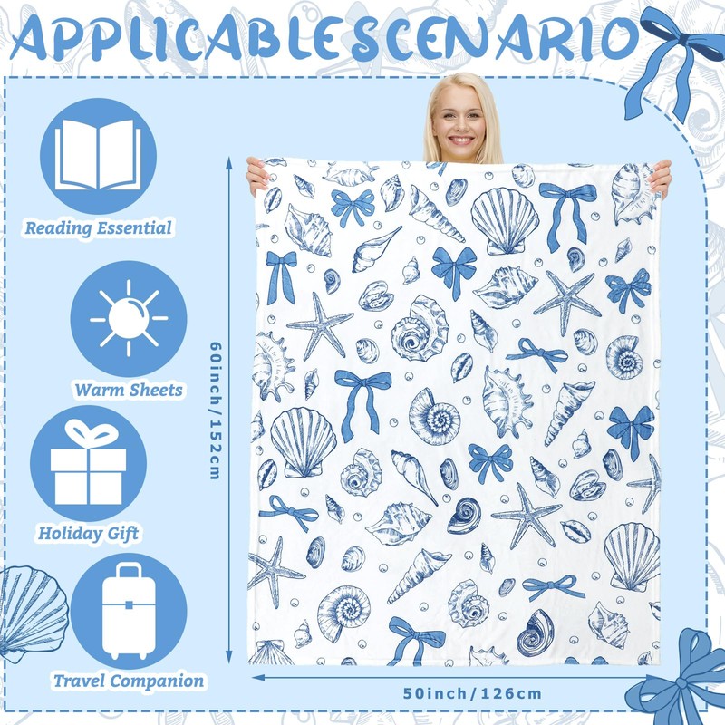 Breling Coastal Ocean Beach Throw Flannel Blanket Blue Seashells Cozy