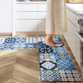Ashler Kitchen Mats Anti-Fatigue Kitchen Rugs, Non-Slip Waterproof Kitchen Floor Mats, 2PCS Ergonomic Comfort Foam Standing Rug for Kitchen, Office, Floor, Laundry, Sink, 17x47 in & 17x29 in, Blue