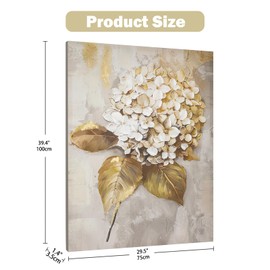 Wall Art Flower Large Canvas Oil Painting Hand Painted Hydrangea Gold Floral Pictures Aesthetic Botanical Artwork for Living Room Bedroom Hotel Decoration, 39.4" x 29.5"