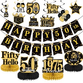 Yoyuspy 50th Birthday Decorations for Women Men, 15PCS 1975 50th Black and Gold Party Decorations, Happy Birthday Banners Hanging Swirls and Honeycomb Centerpieces Decor Supplies
