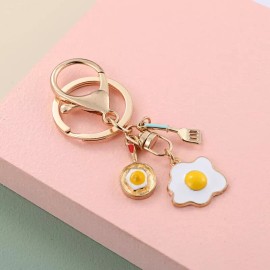 Motuki Eggs For Breakfast Keychain Pan Omelets Yolk Keyring Gold Kawaii Food Bag Charm