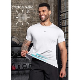 Boyzn Men's Gym T-Shirt with Reflective Chest Stripe & Cooling Perforations - Moisture Wicking Workout Shirt for Running, Basketball, Fitness Stretch Active Tee White-02-S
