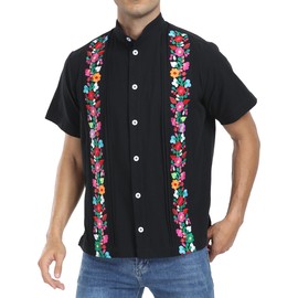 YZXDORWJ Men's Mexican Embroidered Shirt Traditional Floral Fiesta Shirt Peasant Guayabera Shirt for Men (L, M02-BK)