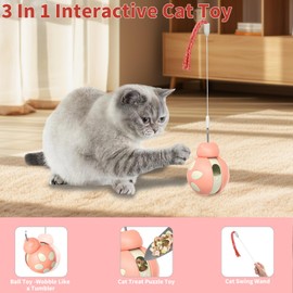 Crazydeer Cat Puzzle Toy for Indoor Cats - Ladybug Design with Treat Dispenser, Tumbler Ball & Detachable Wand Toy | Durable & Safe Interactive Pet Teaser Toy (Pink)