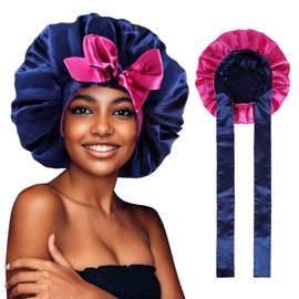 Hebenie Satin Bonnet for Sleeping, Silk Hair Wrap Night Cap with Tie Band - Large Size, Double Layer, Perfect for Women Navy