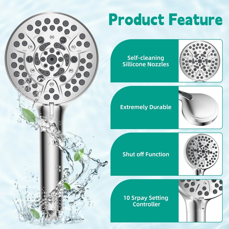 Hibbent High Pressure Shower Head with Handheld 10 Settings Spray