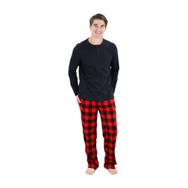 Cherokee Men's Pajama Set, Long Sleeve Cotton Top & Micro Fleece Pants, Breathable Cozy Loungewear, Red Buffalo, Medium